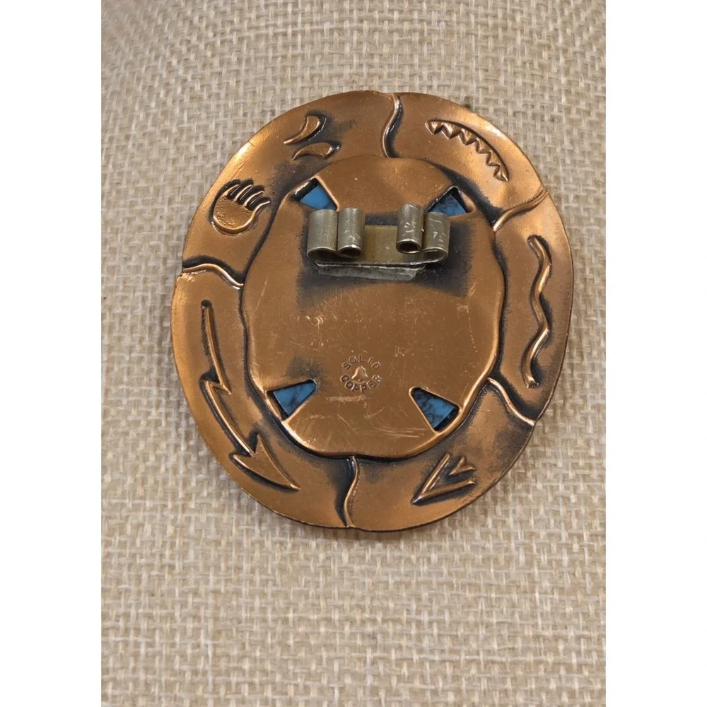 Vintage Solid Copper Faux Turquoise Bell Trading Co Bolo Tie Buckle Southwestern